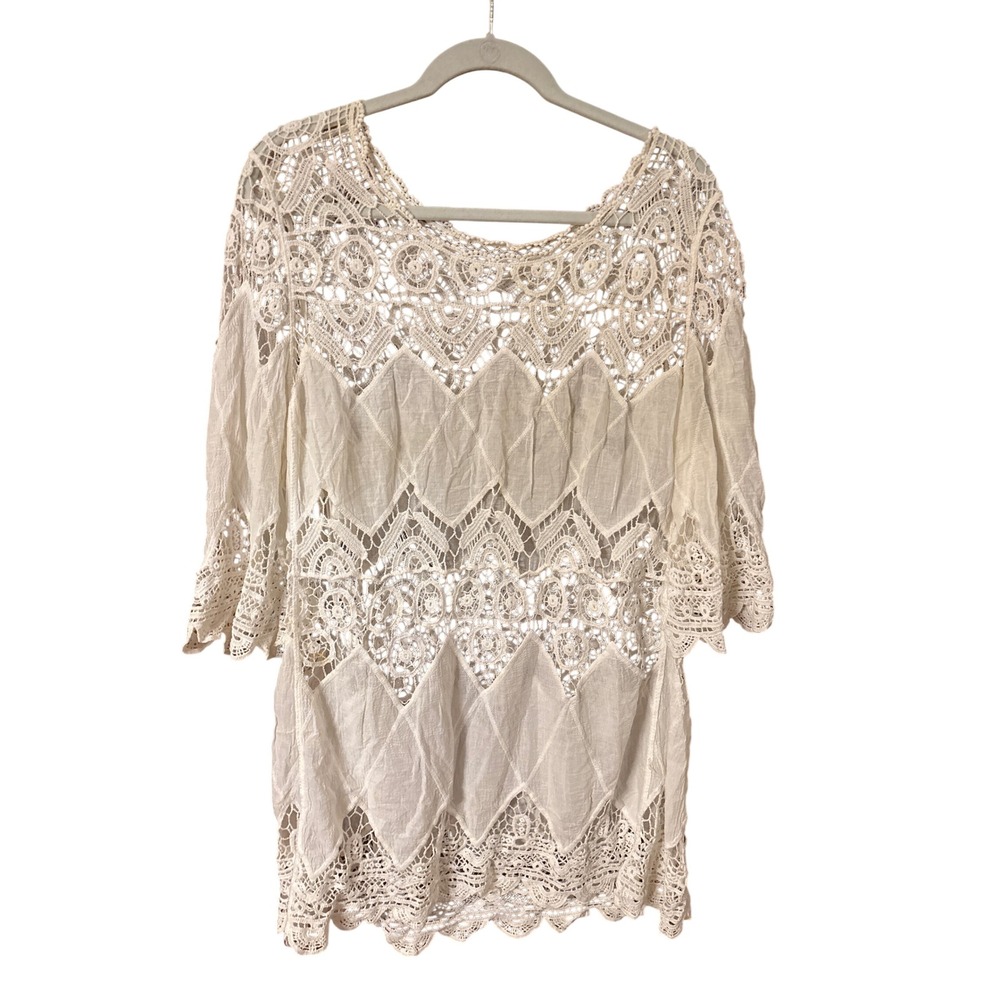 Boho White Crochet Lace Tunic Top Bell Sleeve Beach Cover Up White